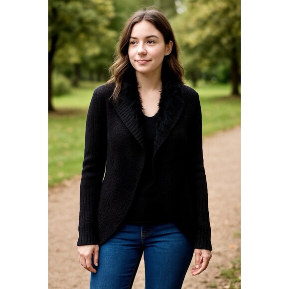 Women’s Black Open Front Cardigan Sweater w/ Fur Collar Layering Soft Grunge Lg - Picture 2 of 8